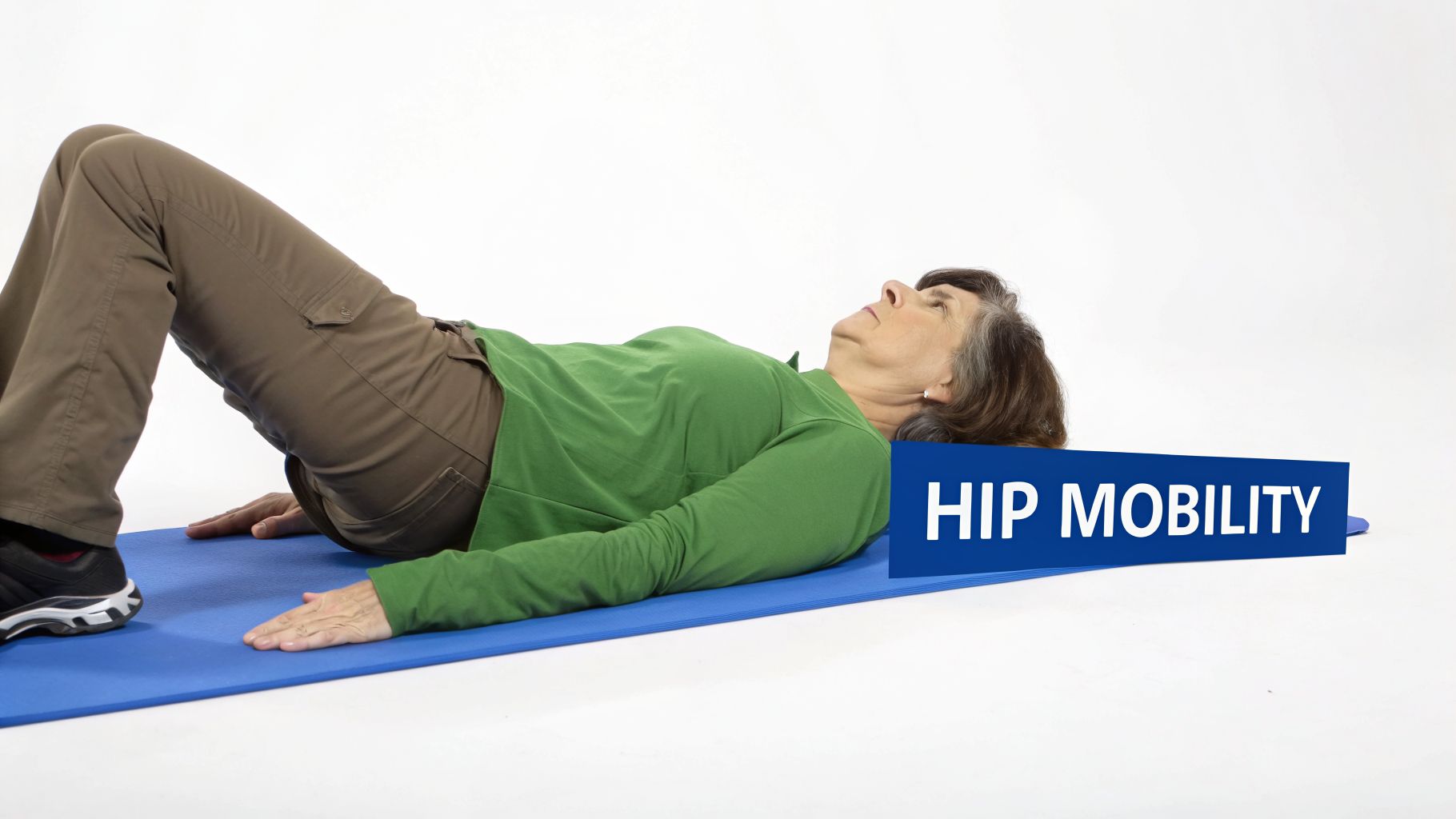 An older woman lies on a blue mat, performing a hip mobility glute bridge exercise.
