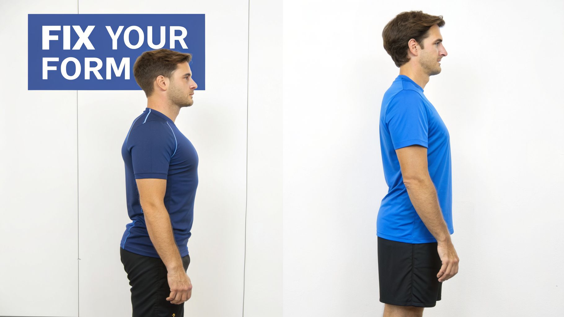 A man demonstrates poor posture on the left and corrected, good posture on the right against a white wall.