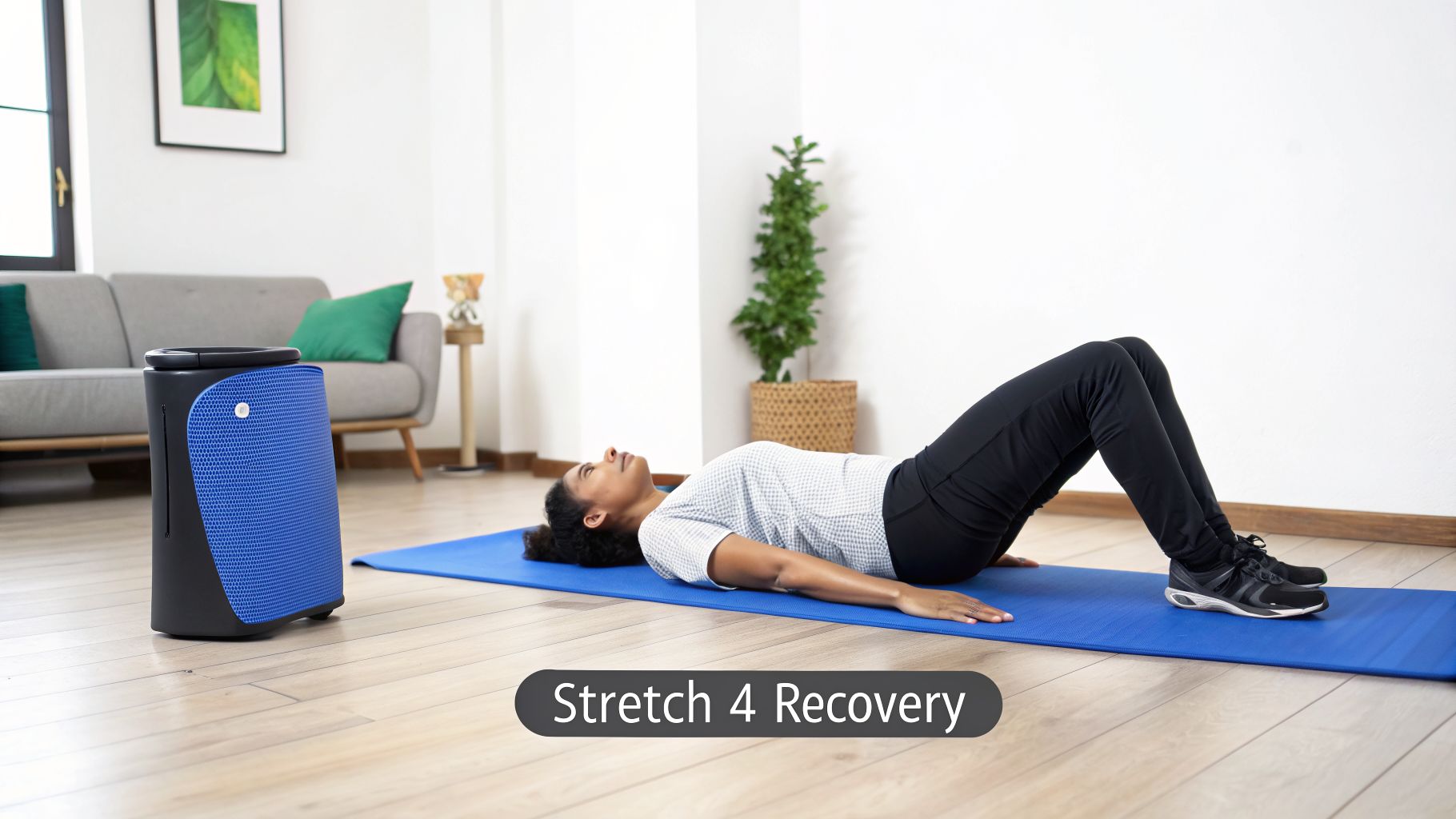 A woman lies on a blue yoga mat in a living room, ready for recovery stretches.