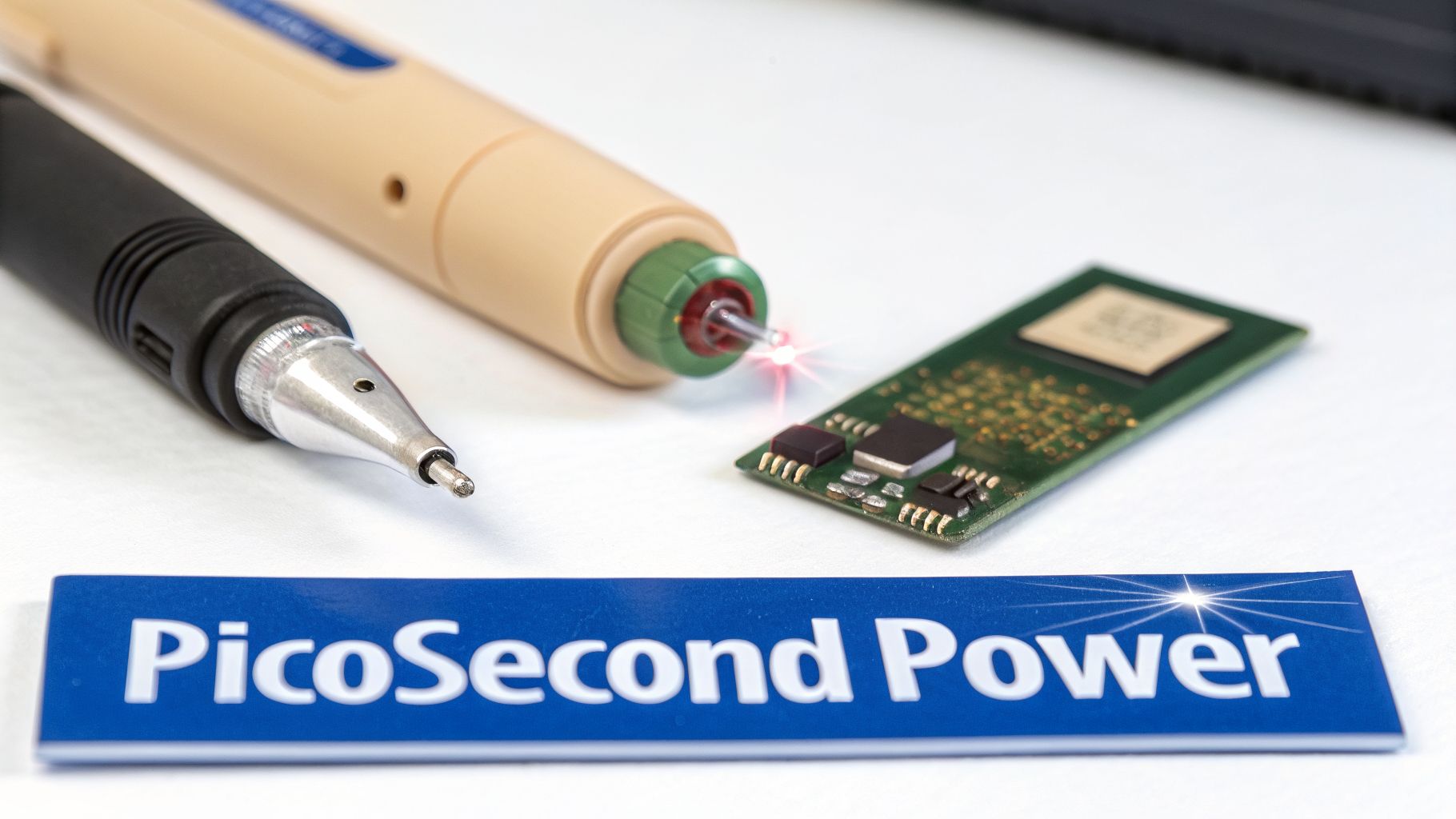 A close-up of a picosecond laser device emitting light onto a small circuit board, with another pen and a 'PicoSecond Power' sign.