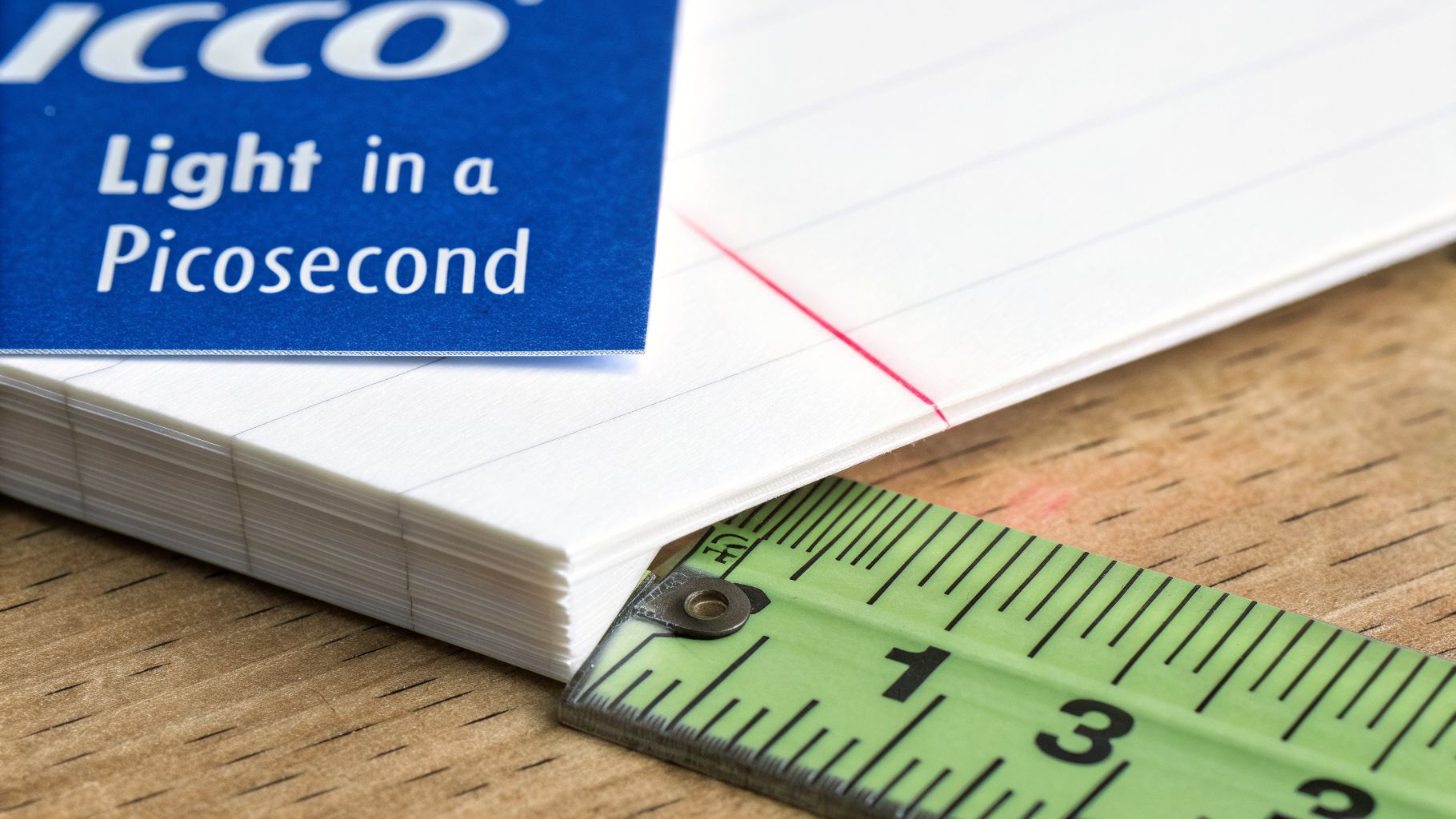 A stack of white paper with a blue card saying 'Light in a Picosecond' is measured by a green ruler.