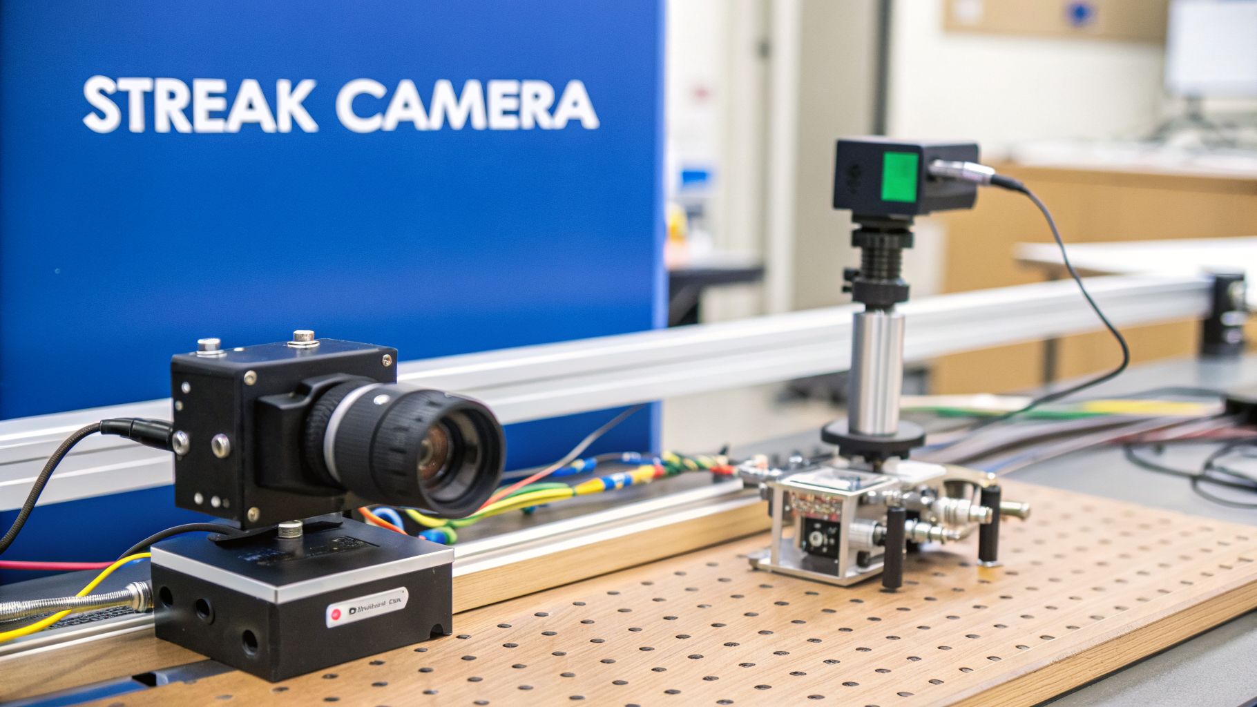 Scientific laboratory setup featuring a streak camera and optical components on a perforated wooden board.