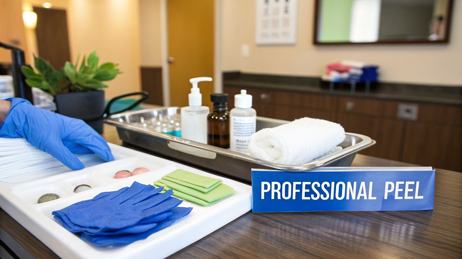 A gloved hand prepares supplies for a professional peel treatment with bottles and towels.