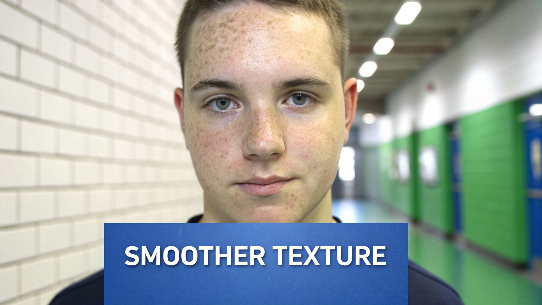 A young person with freckles looking forward, with 'SMOOTHER TEXTURE' on a blue banner.