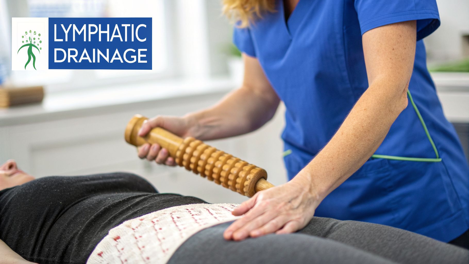 Professional therapist performing wood therapy on a patient's belly for lymphatic drainage.