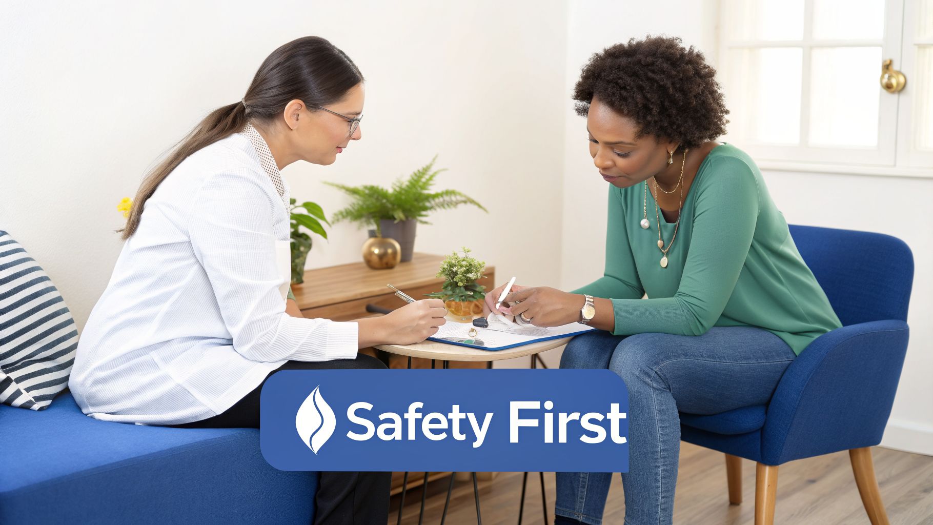 Two women collaborate over documents at a table, with a prominent 'Safety First' banner.