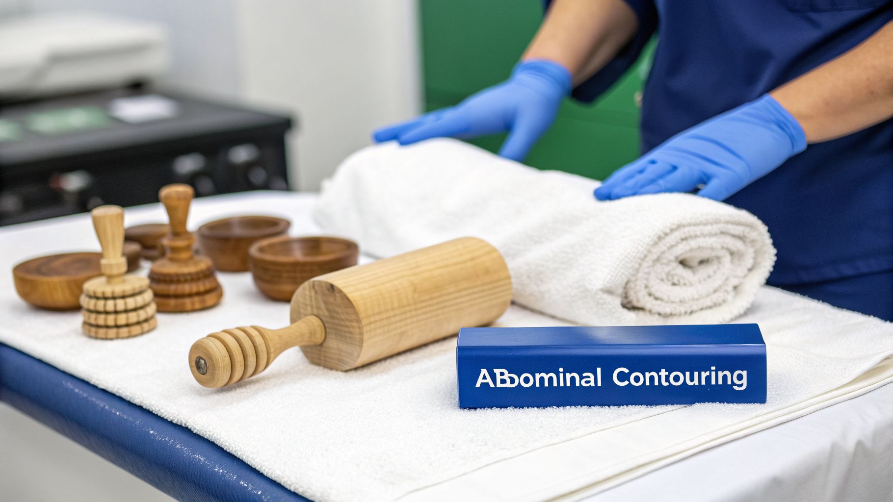 A person in blue gloves prepares a white towel with various wooden tools for abdominal contouring.