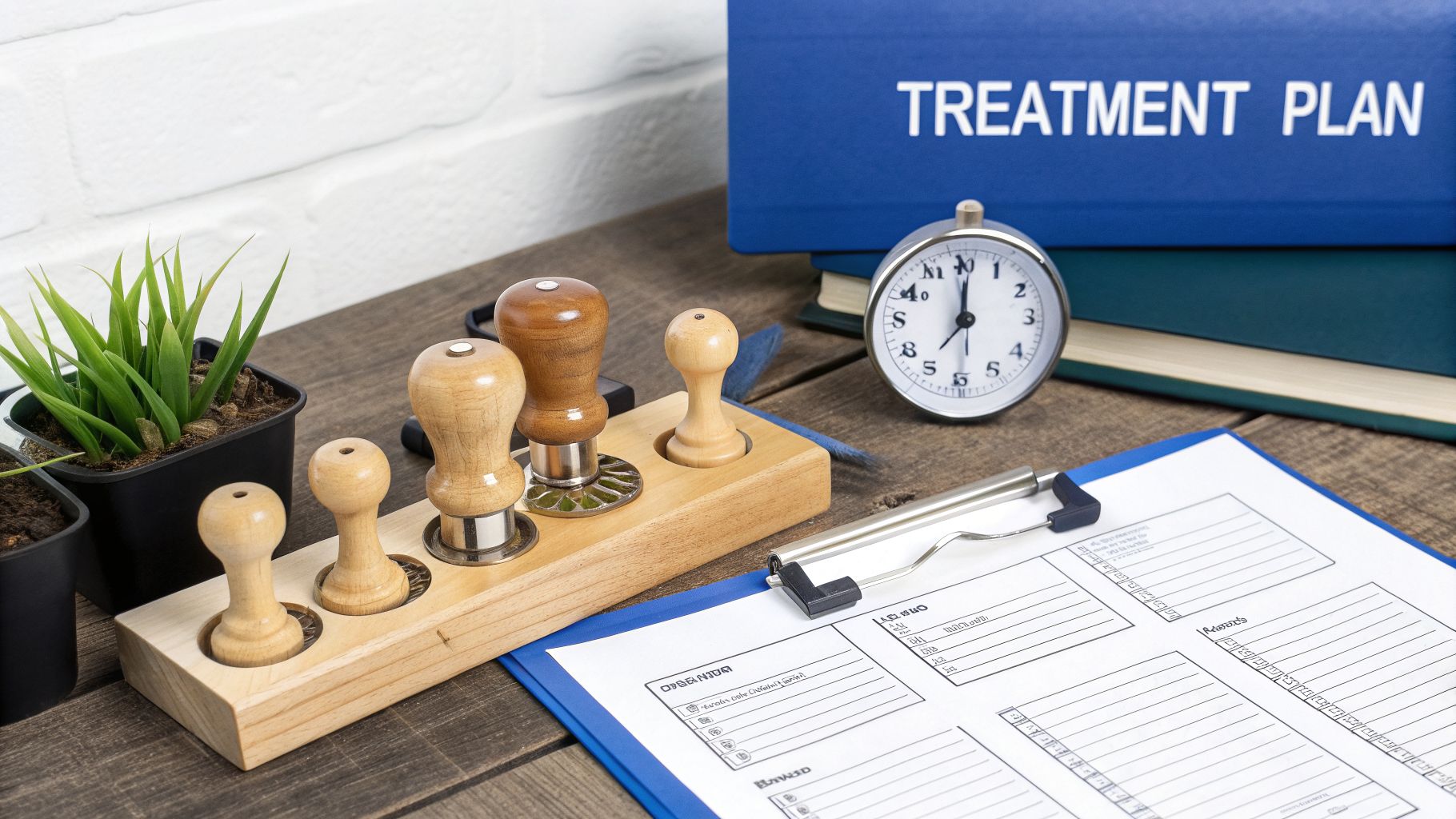 A 'TREATMENT PLAN' binder, wooden therapy tools, a clipboard, and a clock on a rustic desk.