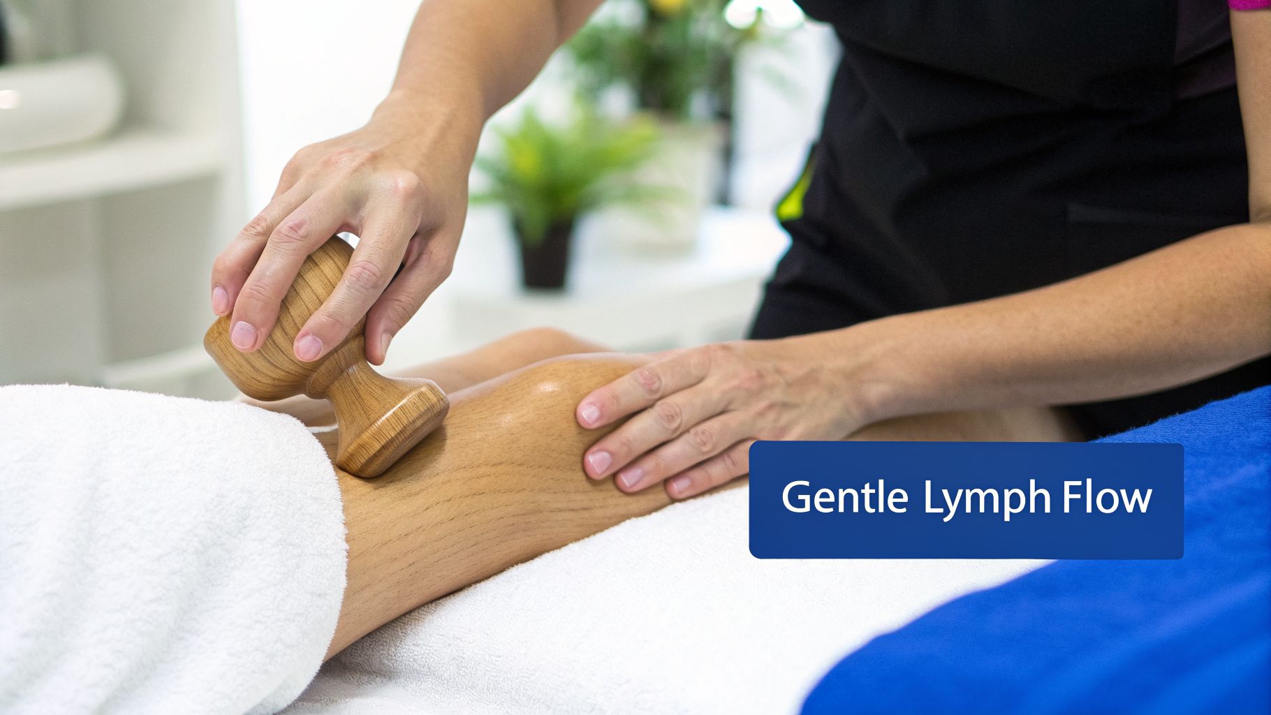 A therapist uses a wooden tool for a gentle lymphatic drainage leg massage on a client.