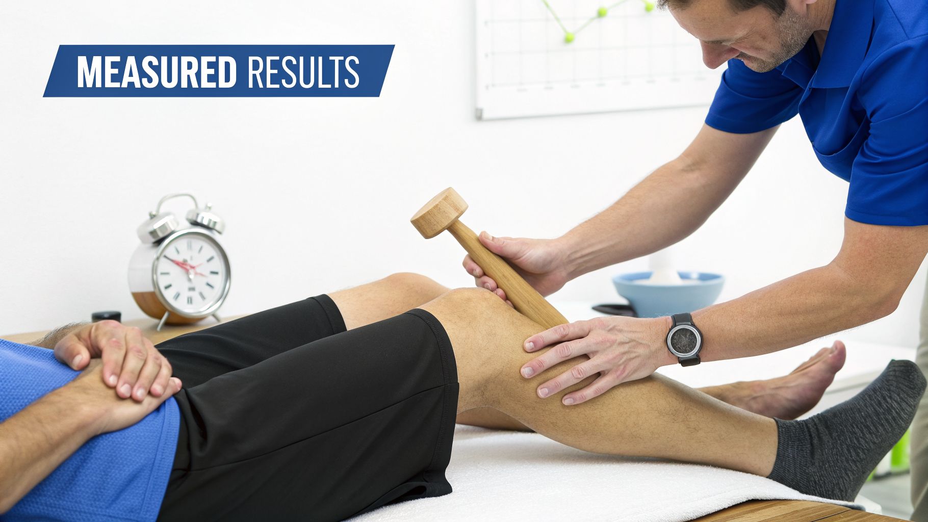 A therapist uses a wooden maderotherapy tool on a patient's leg for treatment.