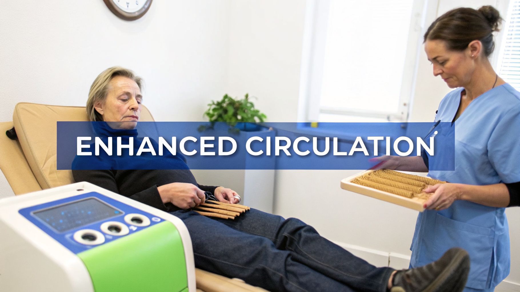 A woman receiving wood therapy on her legs for enhanced circulation and lymphatic drainage, assisted by a therapist.