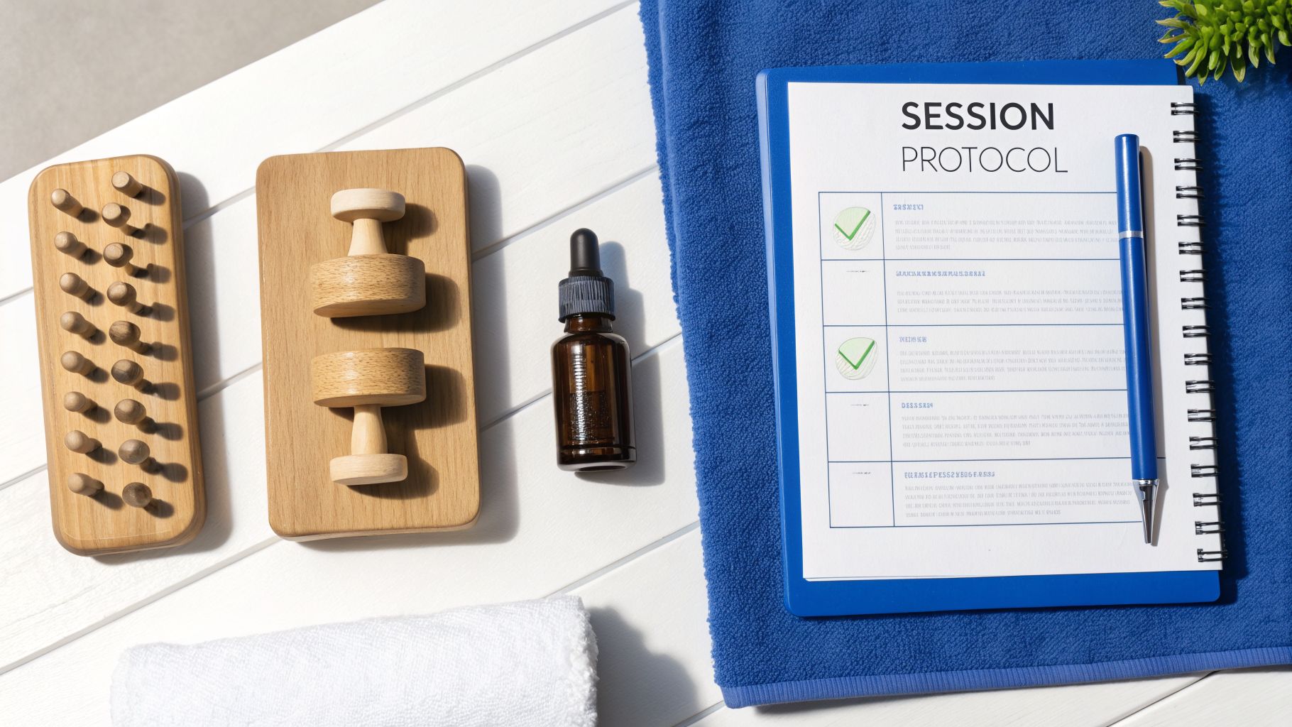 Flat lay of wood therapy tools, essential oil bottle, and a session protocol notebook with a pen.