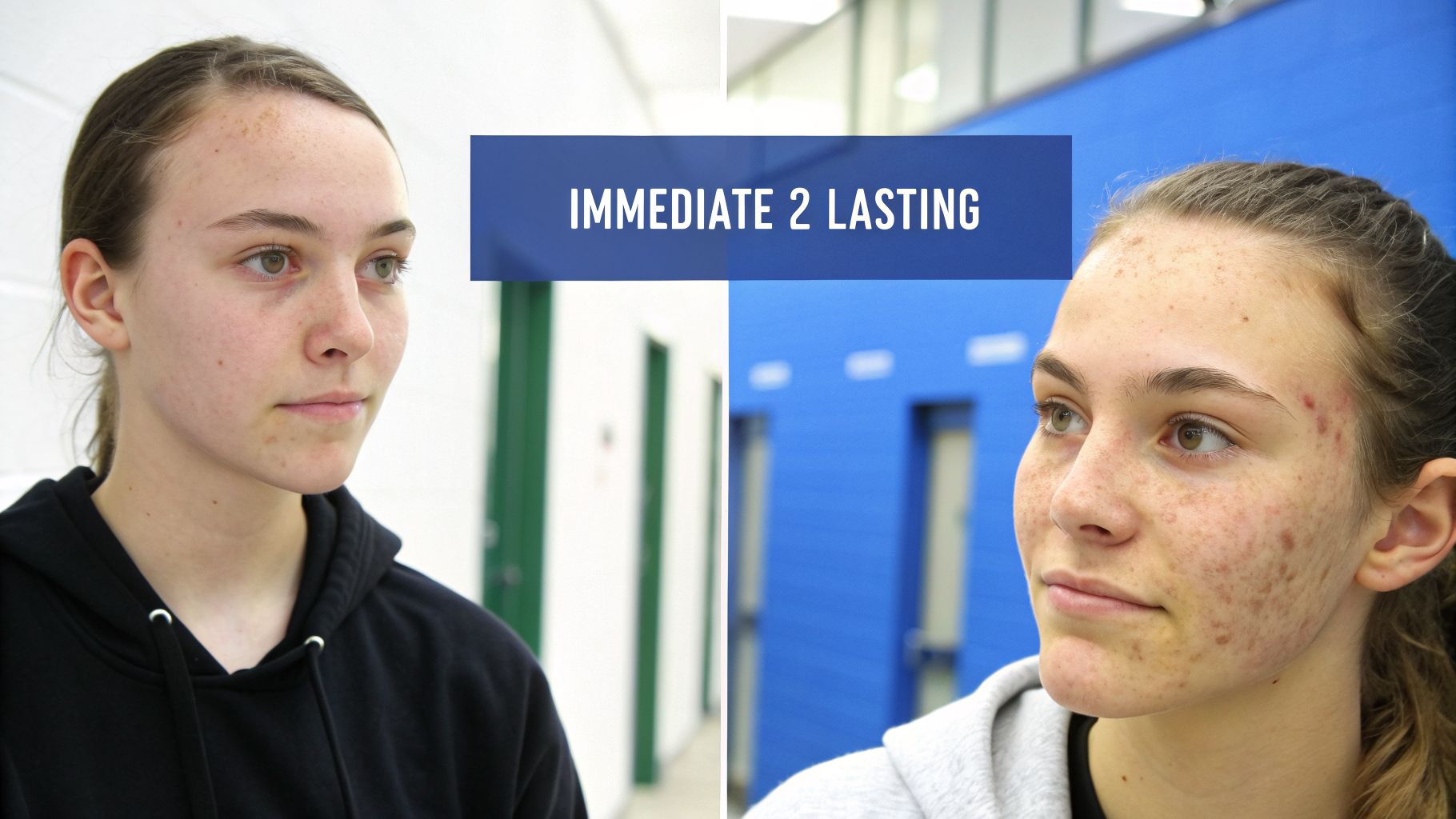 Split image of a young woman's face, showing clear skin on the left and severe acne on the right.