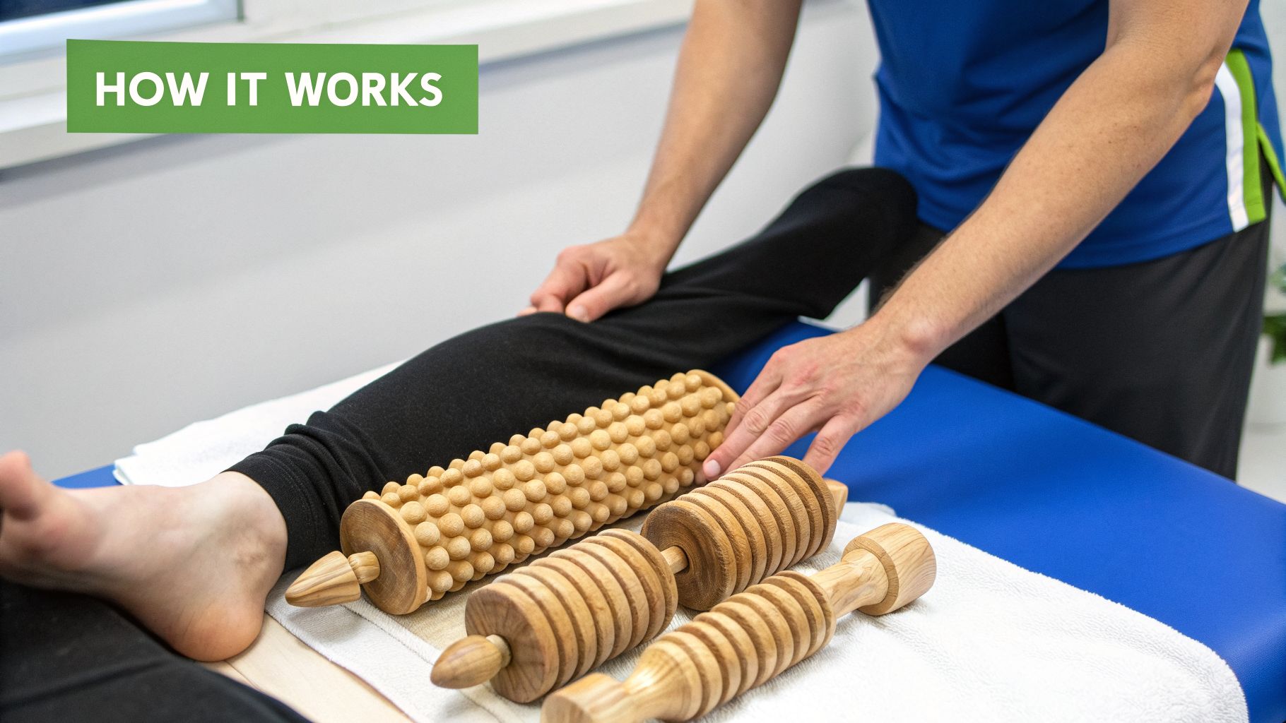 A therapist uses wooden massage tools on a person's leg during a therapy session.