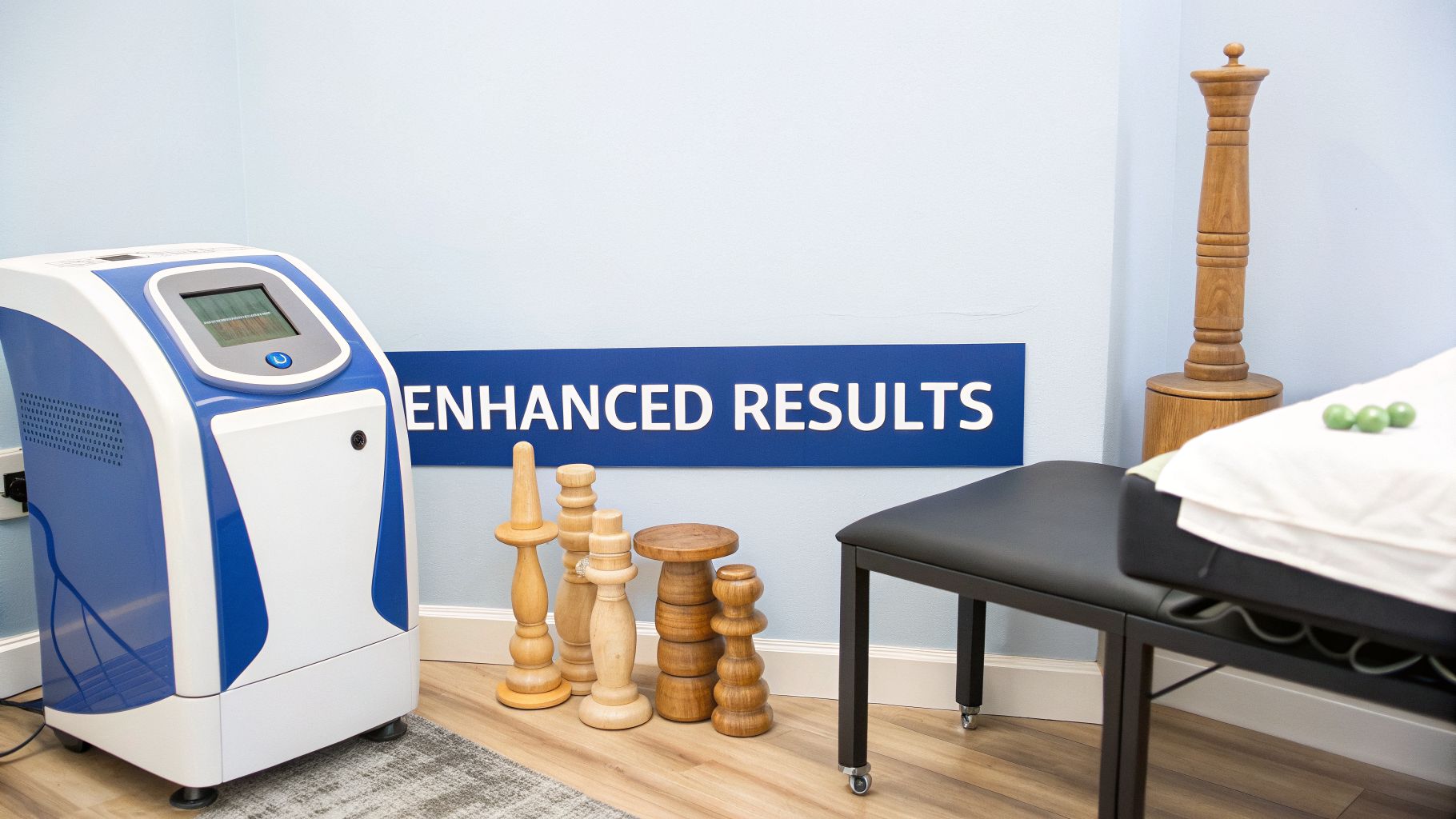 A treatment room with a therapy machine, wooden massage tools, and a sign for enhanced results.