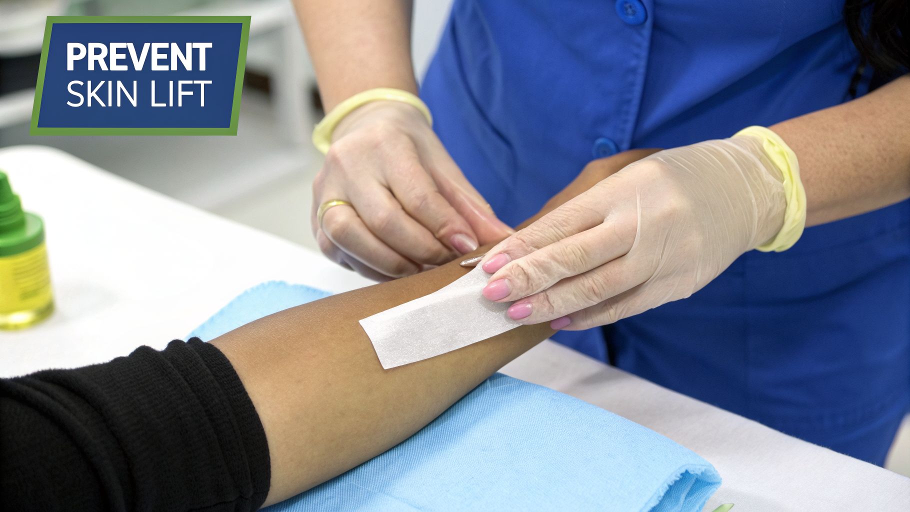 Gloved hands apply a waxing strip to a person's arm, preventing skin lift.