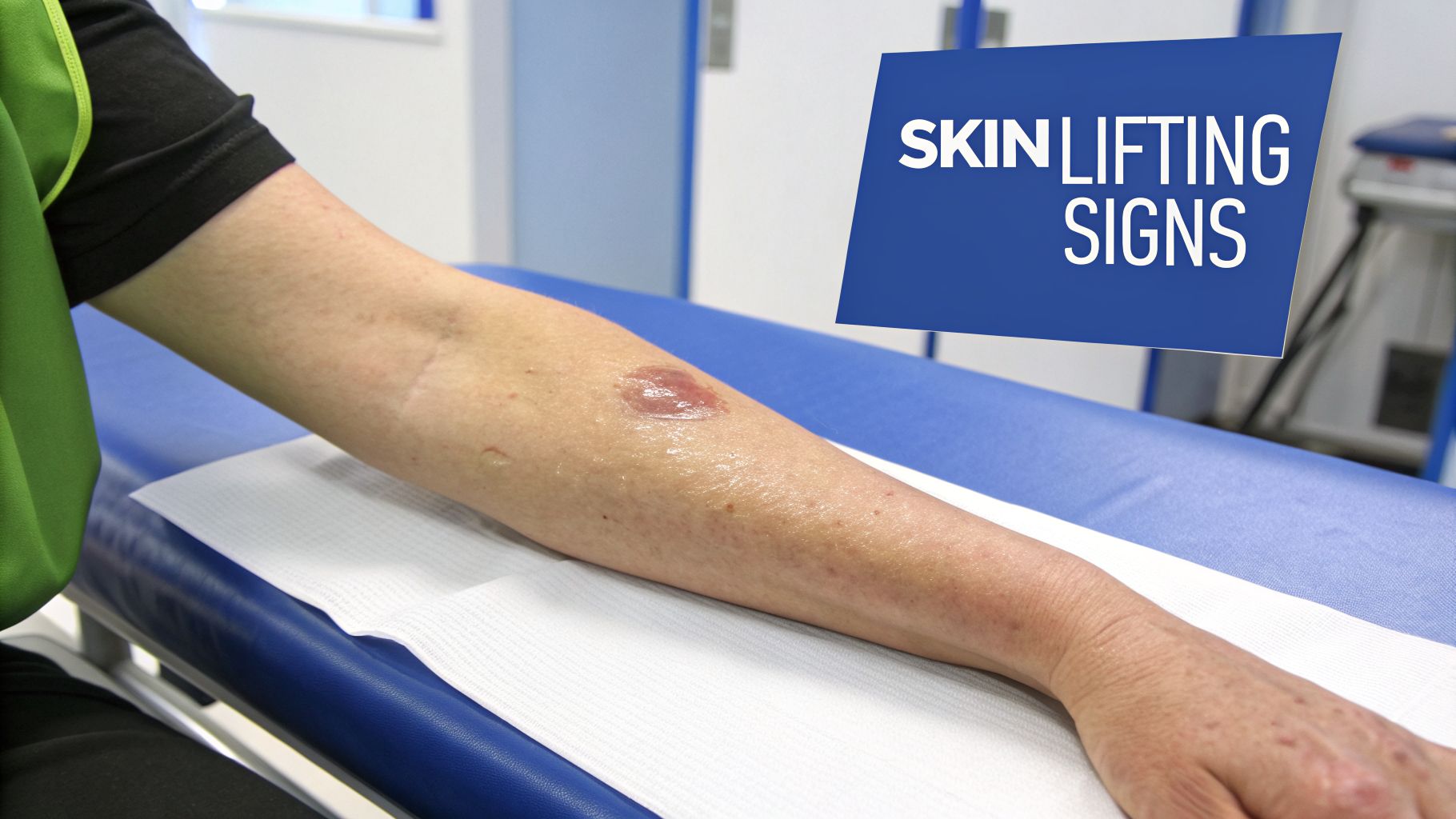 A person's arm showing a skin injury or blister on a medical examination table.