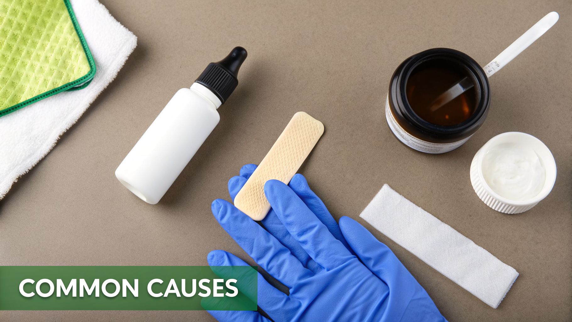 Skincare products and tools for post-waxing treatment, including lotions, creams, gloves, and strips.