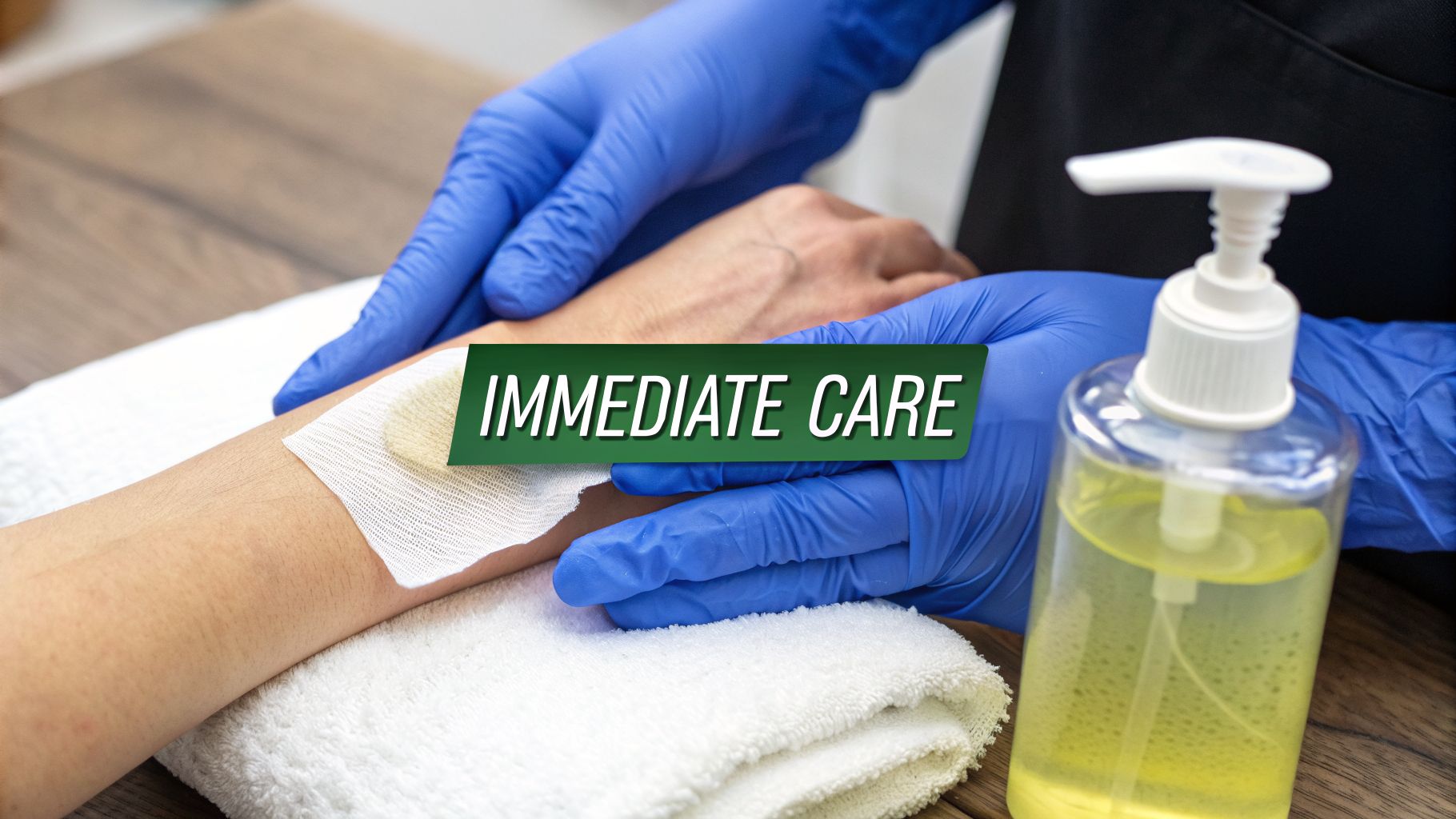 A medical professional in blue gloves applies a bandage to a person's arm, with hand sanitizer nearby.