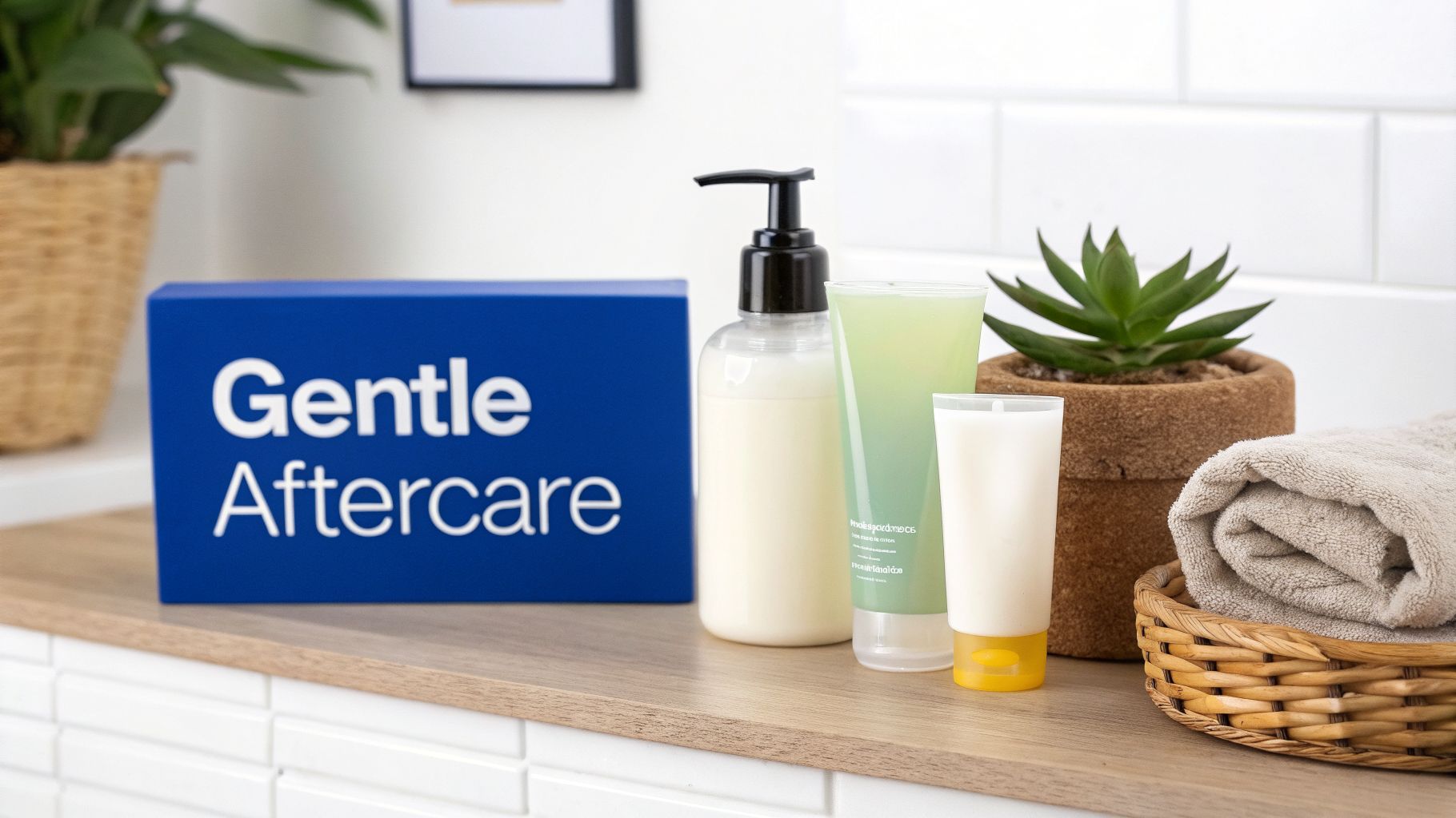 A blue box labeled 'Gentle Aftercare' with various skincare products, a plant, and a towel on a wooden counter.