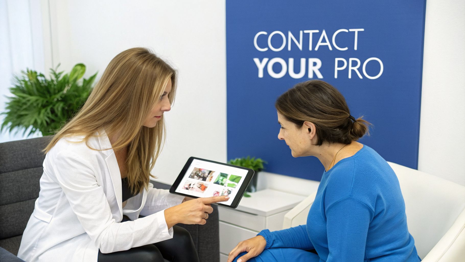 A professional consultant shows content on a tablet to a client in a modern office.