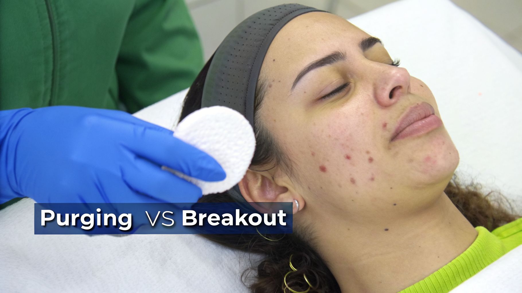 Close-up of a woman's face with red spots during a skin treatment with a cotton pad.