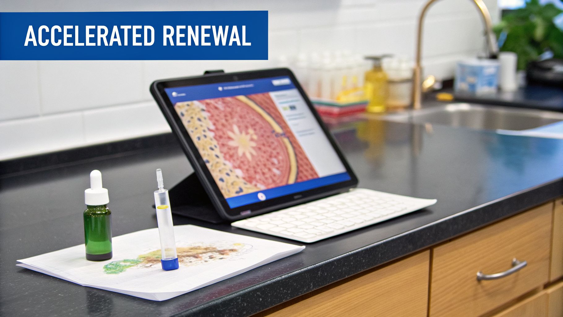 A home lab setup with a tablet showing a biological image, test kit, and dropper bottle for skin renewal.